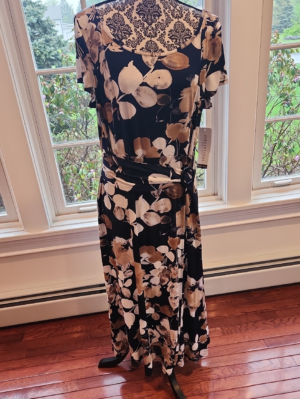 Perceptions Black Floral Maxi Dress with Tan and Cream Accents
